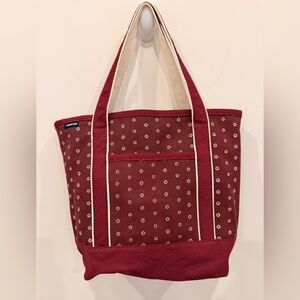 Lands End Canvas Tote Bag Burgundy Daisy Print 100% Cotton NWOT Large